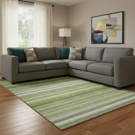 Fern Green Ivory And Gray Striped Washable Area Rug With UV Protection Photo 1