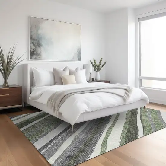 Fern Green Ivory And Gray Striped Washable Indoor Outdoor Area Rug Photo 8