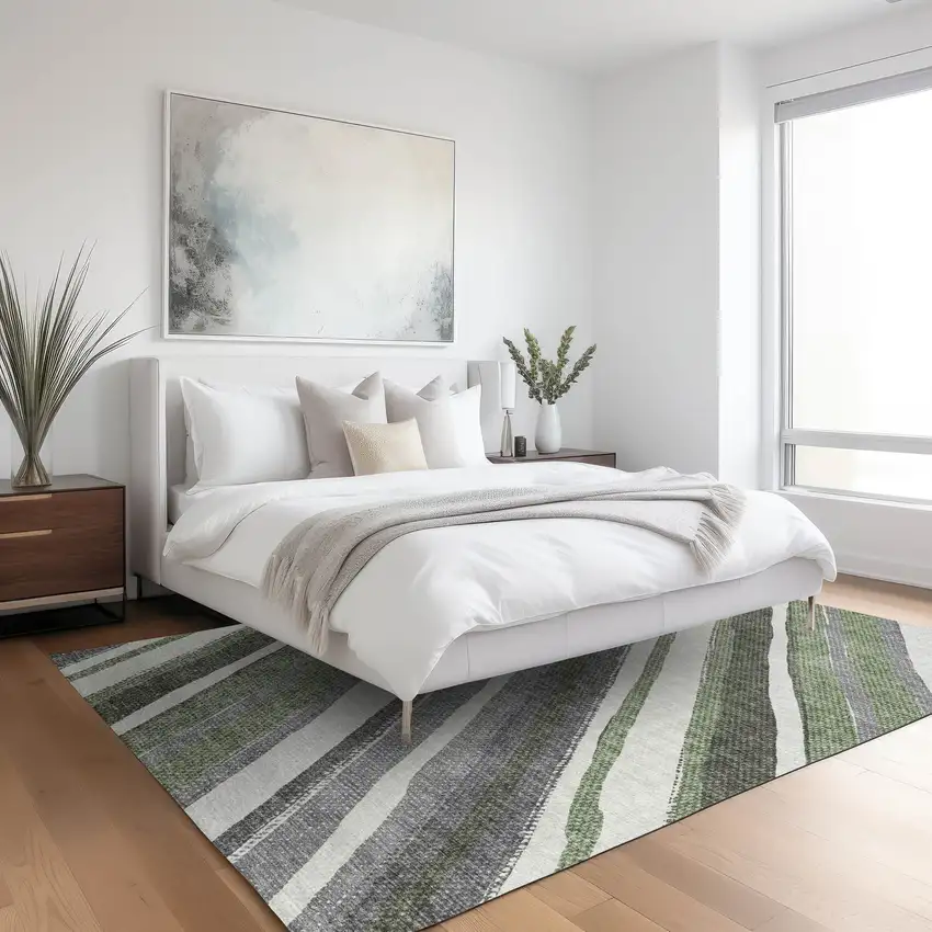 Fern Green Ivory And Gray Striped Washable Indoor Outdoor Area Rug Photo 9