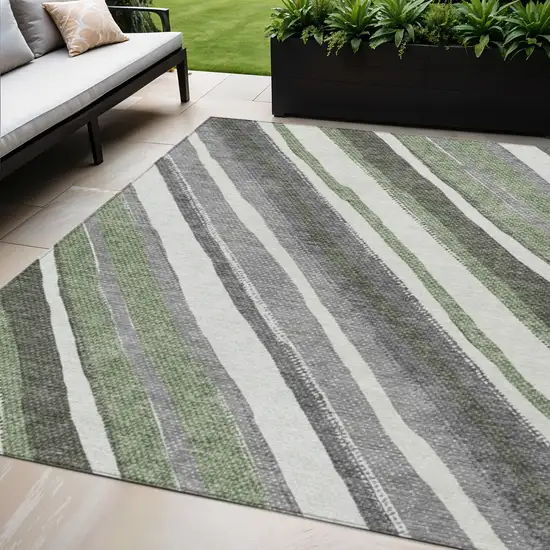 Fern Green Ivory And Gray Striped Washable Indoor Outdoor Area Rug Photo 1