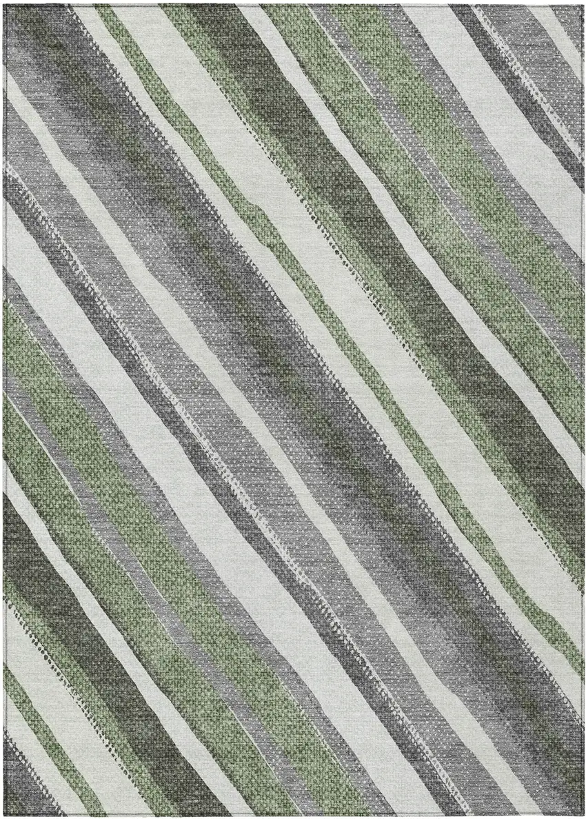 Fern Green Ivory And Gray Striped Washable Indoor Outdoor Area Rug Photo 2