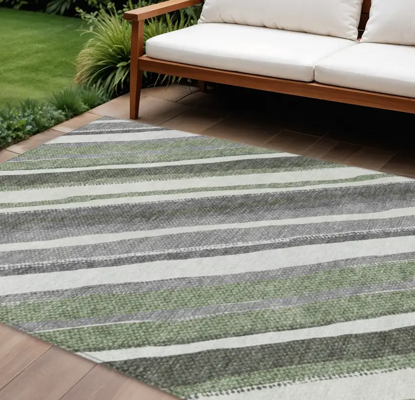 Fern Green Ivory And Gray Striped Washable Indoor Outdoor Area Rug Photo 1