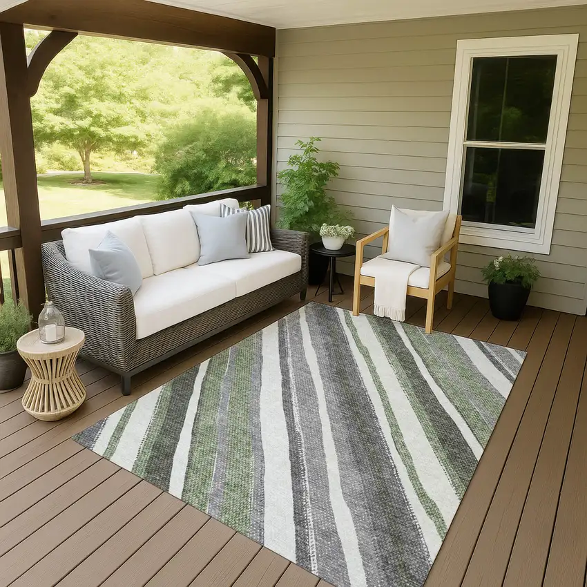 Fern Green Ivory And Gray Striped Washable Indoor Outdoor Area Rug Photo 6