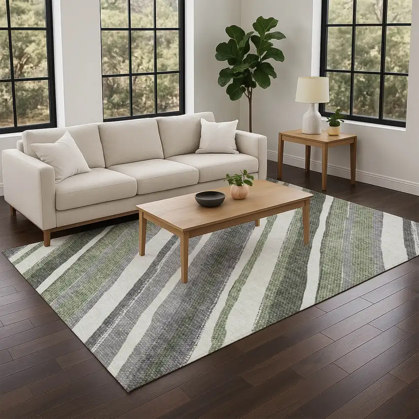 Fern Green Ivory And Gray Striped Washable Indoor Outdoor Area Rug Photo 8