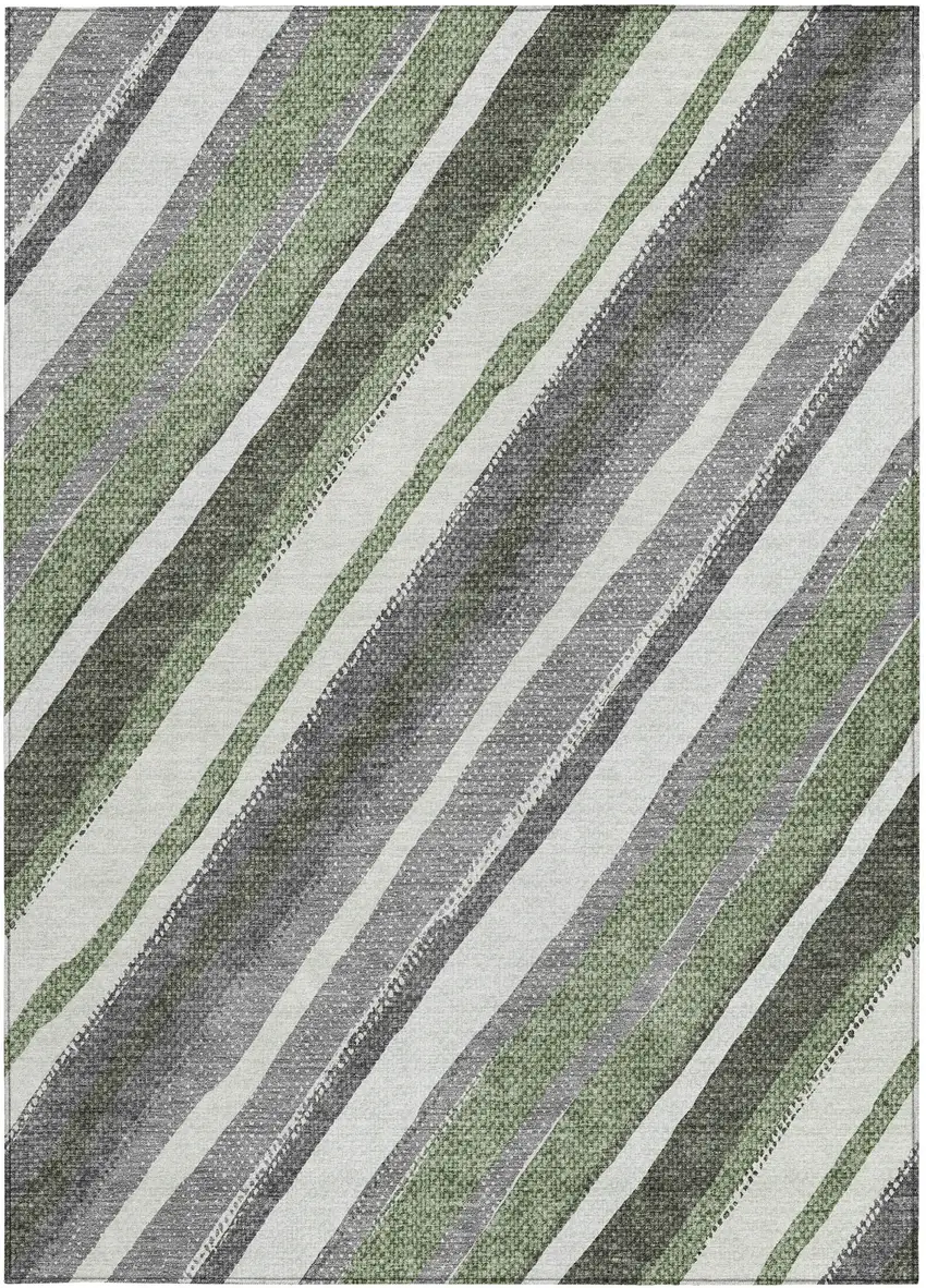 Fern Green Ivory And Gray Striped Washable Indoor Outdoor Area Rug Photo 5