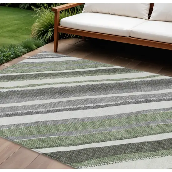 Fern Green Ivory And Gray Striped Washable Indoor Outdoor Area Rug Photo 1