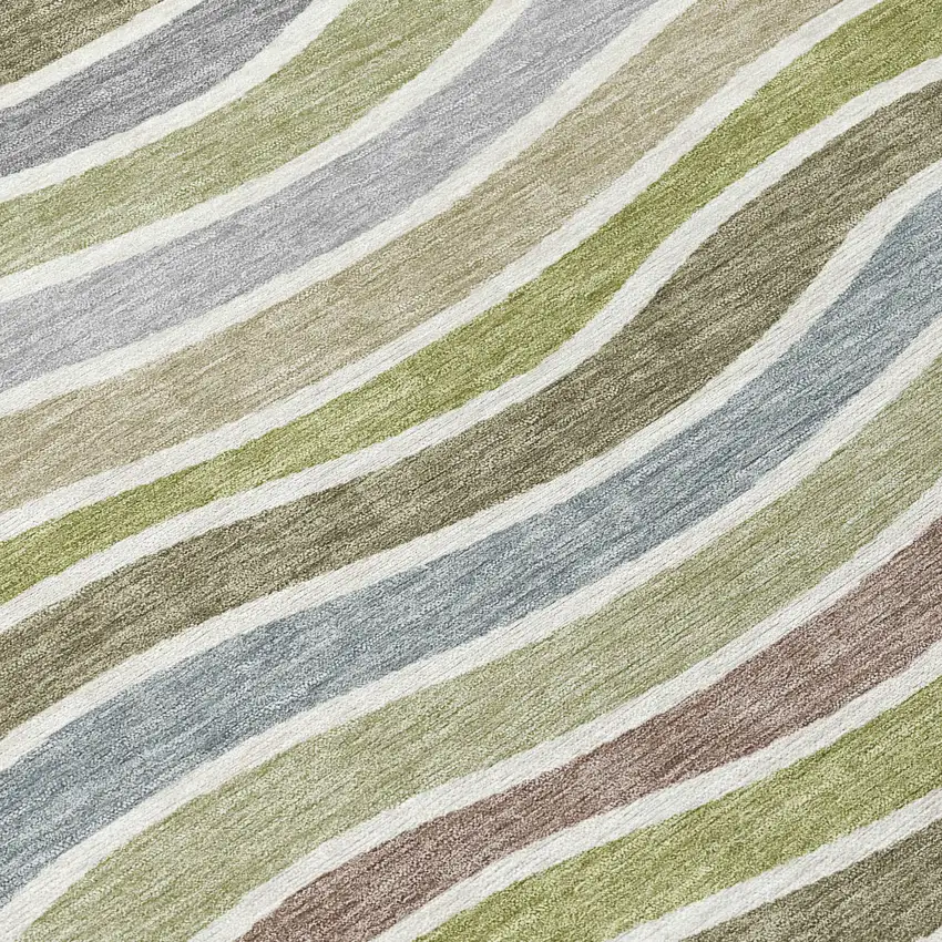 Fern Green Ivory And Wheat Striped Washable Indoor Outdoor Area Rug Photo 8