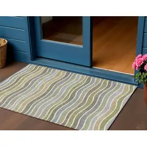 Photo of Fern Green Ivory And Wheat Striped Washable Indoor Outdoor Area Rug