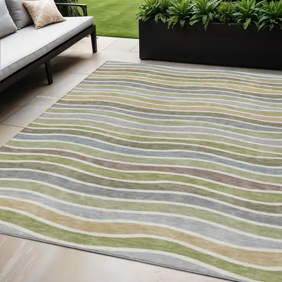 Fern Green Ivory And Wheat Striped Washable Indoor Outdoor Area Rug Photo 1