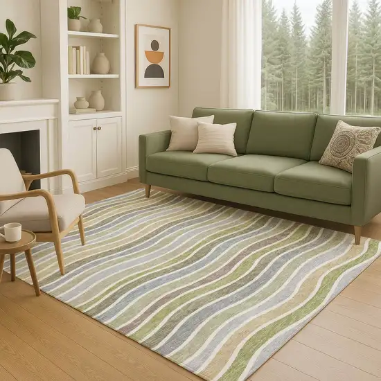 Fern Green Ivory And Wheat Striped Washable Indoor Outdoor Area Rug Photo 9