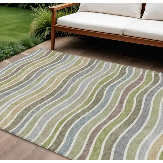 Fern Green Ivory And Wheat Striped Washable Indoor Outdoor Area Rug Photo 1