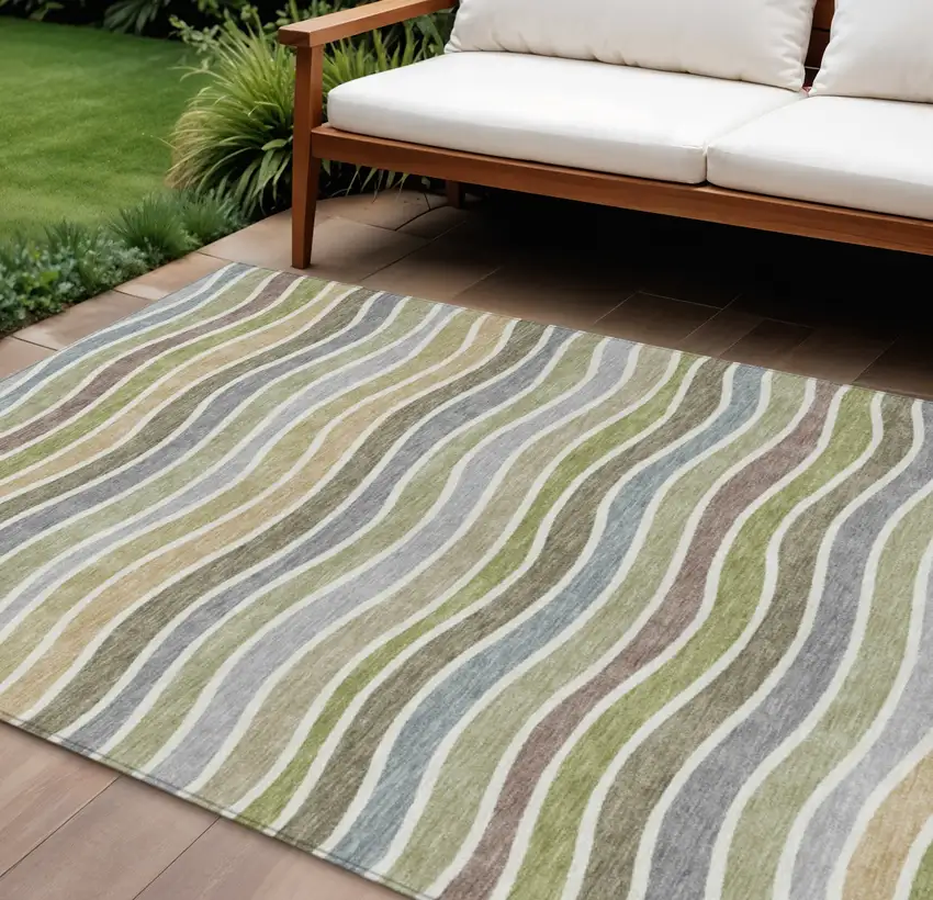 Fern Green Ivory And Wheat Striped Washable Indoor Outdoor Area Rug Photo 1