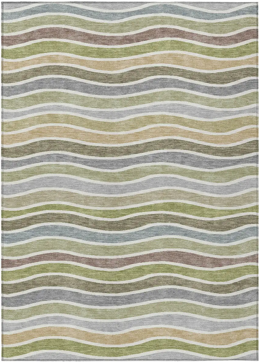 Fern Green Ivory And Wheat Striped Washable Indoor Outdoor Area Rug Photo 2