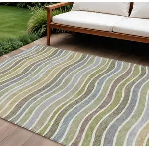 Photo of Fern Green Ivory And Wheat Striped Washable Indoor Outdoor Area Rug