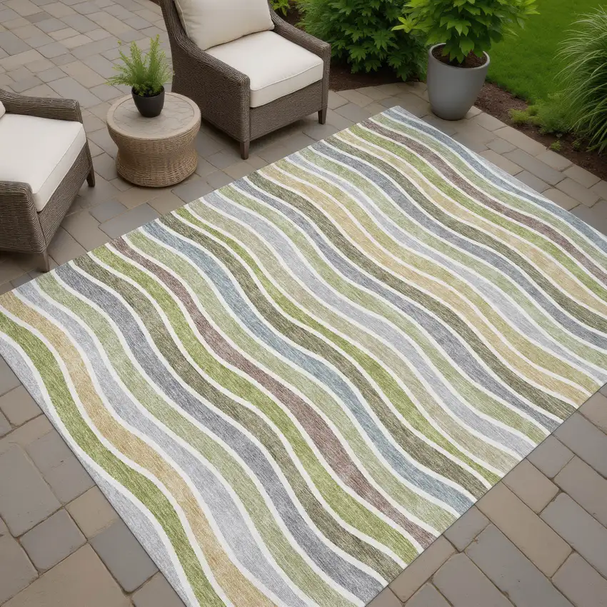 Fern Green Ivory And Wheat Striped Washable Indoor Outdoor Area Rug Photo 7