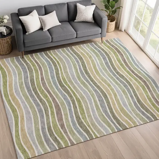 Fern Green Ivory And Wheat Striped Washable Indoor Outdoor Area Rug Photo 9