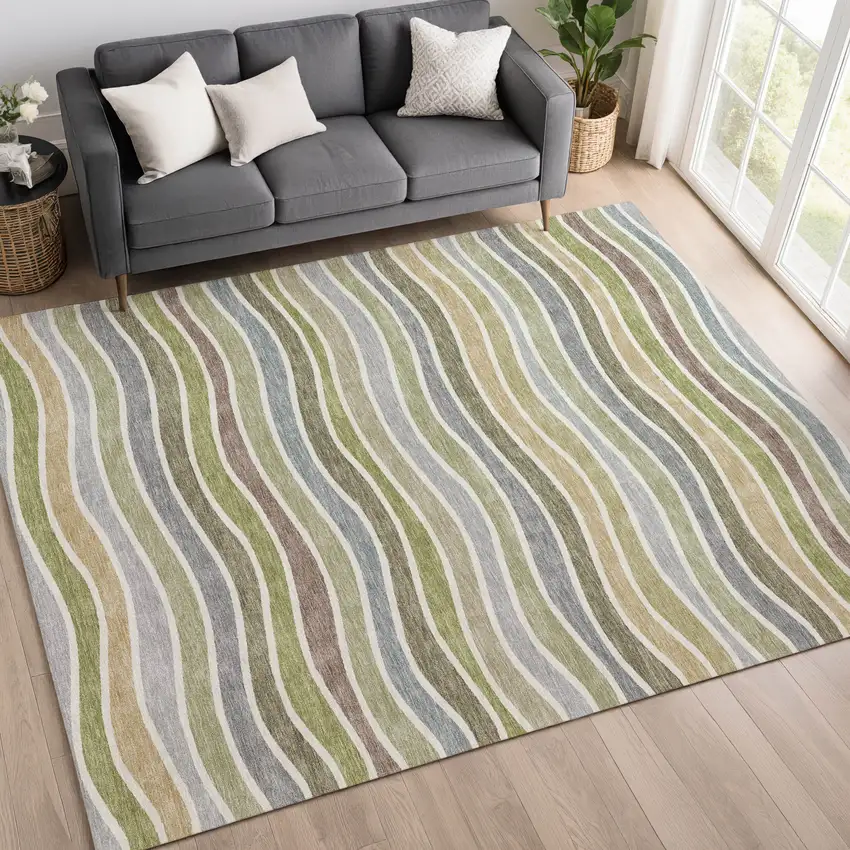 Fern Green Ivory And Wheat Striped Washable Indoor Outdoor Area Rug Photo 9