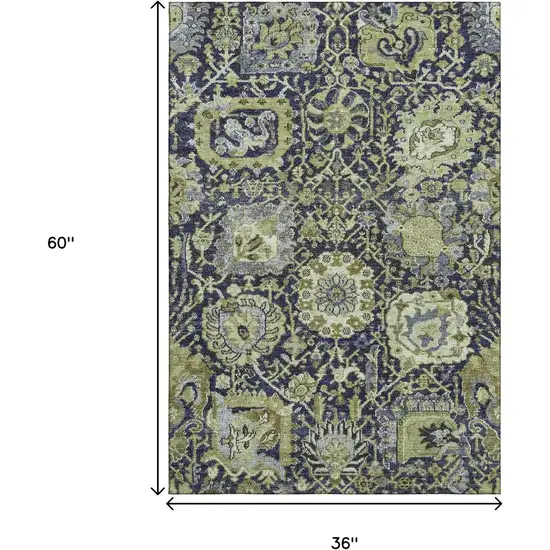 Fern Green Navy Blue And Ivory Damask Washable Area Rug With UV Protection Photo 3