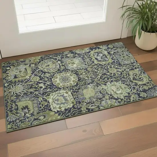 Fern Green Navy Blue And Ivory Damask Washable Area Rug With UV Protection Photo 2