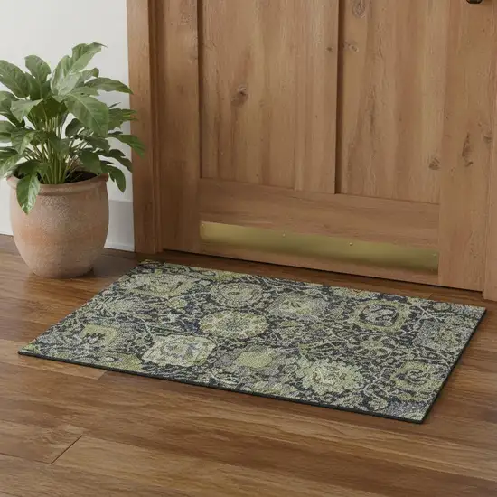 Fern Green Navy Blue And Ivory Damask Washable Area Rug With UV Protection Photo 1