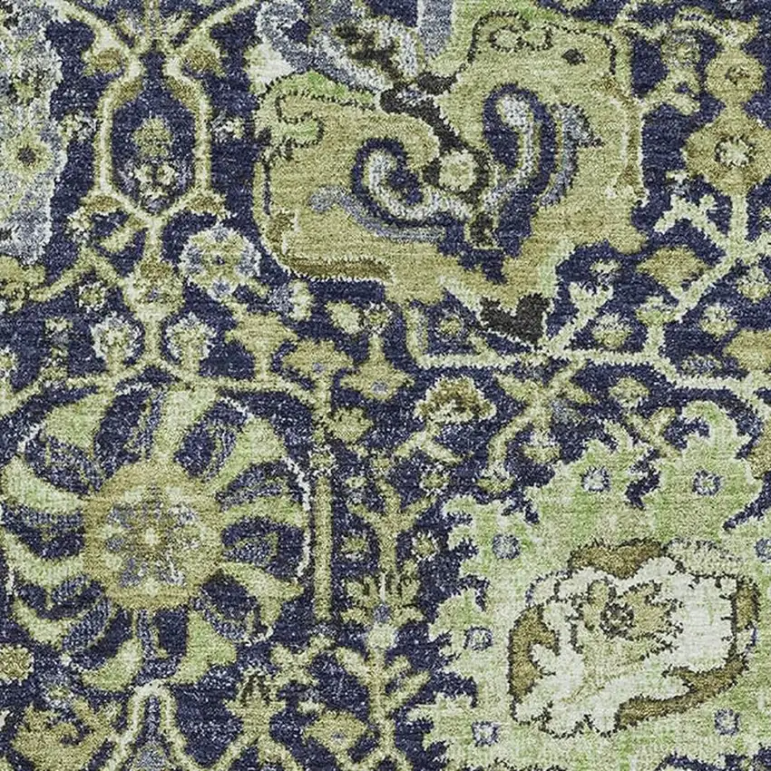 Fern Green Navy Blue And Ivory Damask Washable Area Rug With UV Protection Photo 2