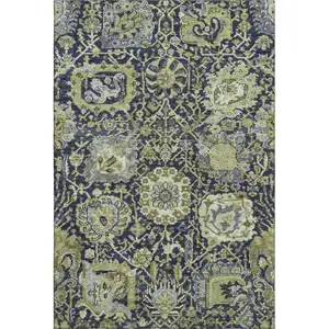 Photo of Fern Green Navy Blue And Ivory Damask Washable Area Rug With UV Protection