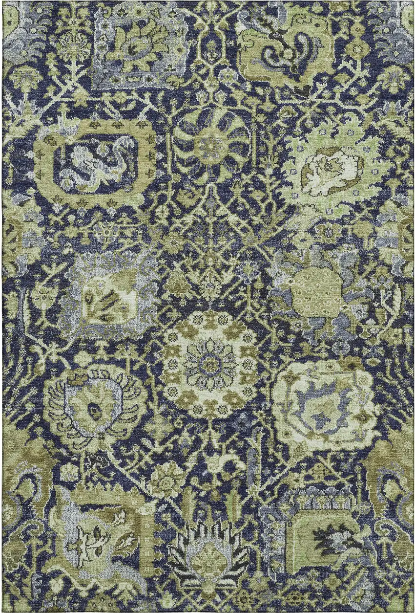 Fern Green Navy Blue And Ivory Damask Washable Area Rug With UV Protection Photo 1