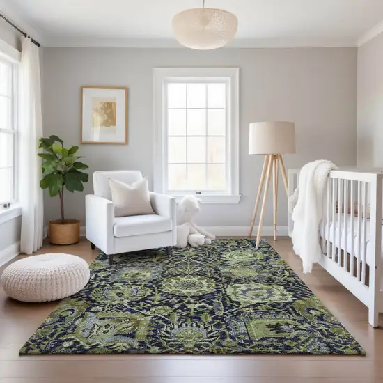 Fern Green Navy Blue And Ivory Damask Washable Area Rug With UV Protection Photo 5