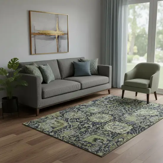 Fern Green Navy Blue And Ivory Damask Washable Area Rug With UV Protection Photo 2