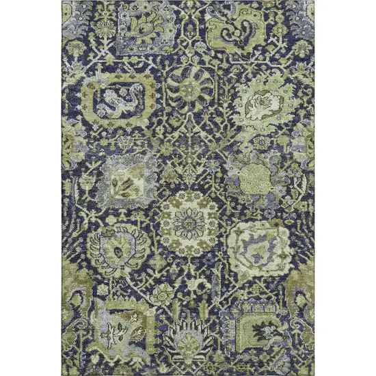 Fern Green Navy Blue And Ivory Damask Washable Area Rug With UV Protection Photo 1