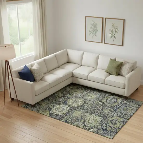 Fern Green Navy Blue And Ivory Damask Washable Area Rug With UV Protection Photo 2