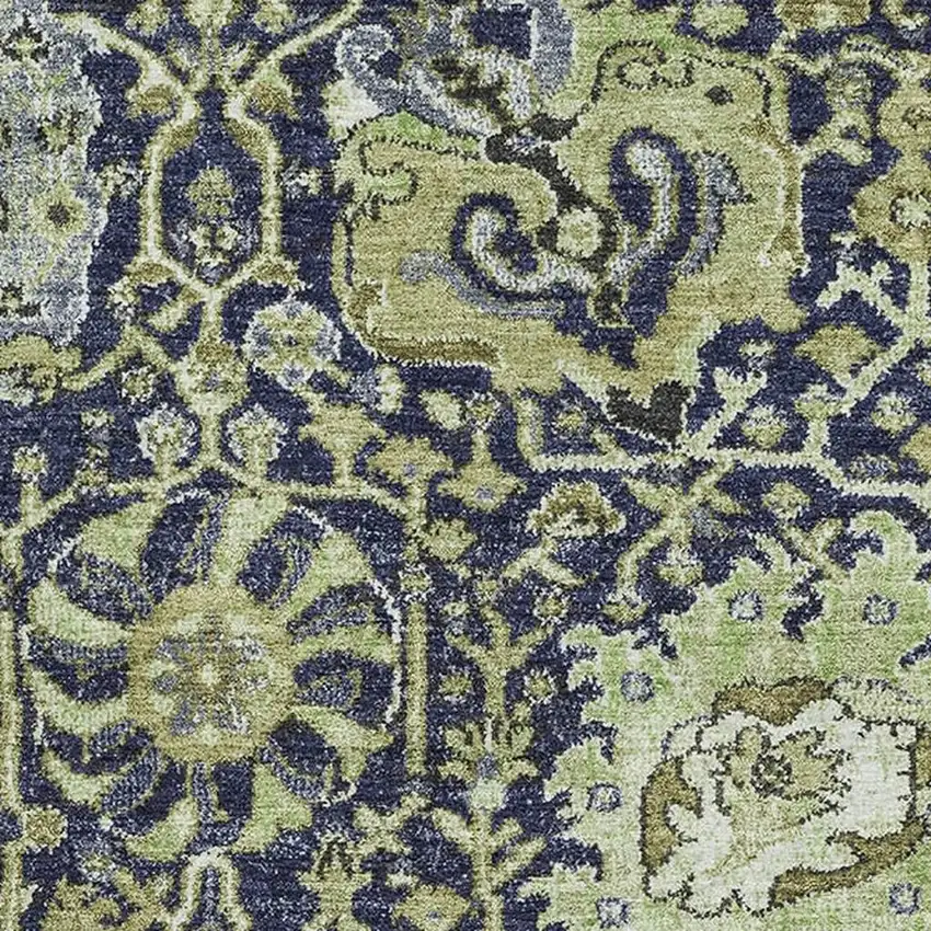 Fern Green Navy Blue And Ivory Damask Washable Area Rug With UV Protection Photo 2