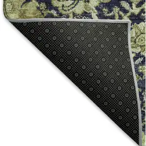 Photo of Fern Green Navy Blue And Ivory Damask Washable Area Rug With UV Protection