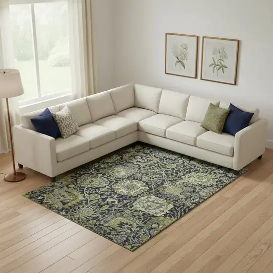 Fern Green Navy Blue And Ivory Damask Washable Area Rug With UV Protection Photo 2