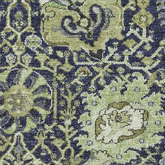 Fern Green Navy Blue And Ivory Damask Washable Area Rug With UV Protection Photo 2