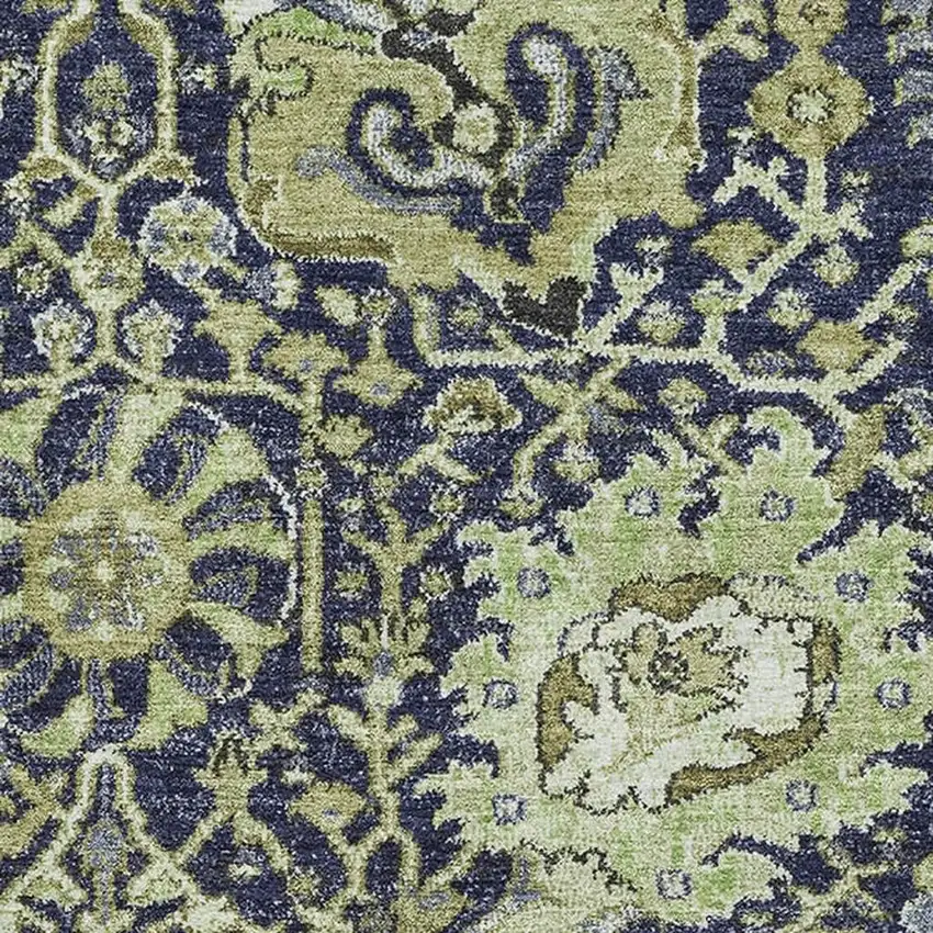Fern Green Navy Blue And Ivory Damask Washable Area Rug With UV Protection Photo 2