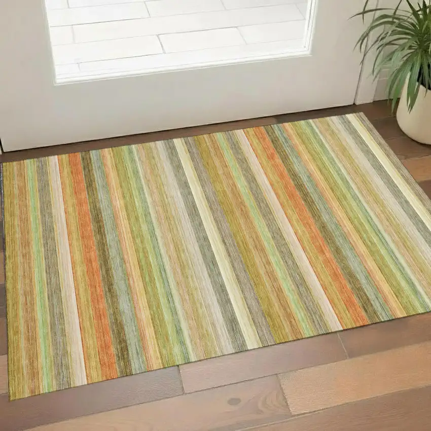 Fern Green Orange And Beige Striped Washable Area Rug With UV Protection Photo 1