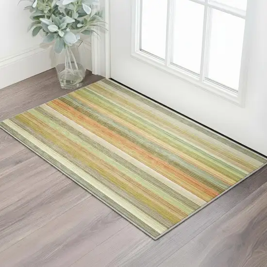 Fern Green Orange And Beige Striped Washable Area Rug With UV Protection Photo 2