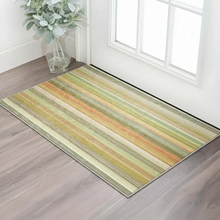 Fern Green Orange And Beige Striped Washable Area Rug With UV Protection Photo 2