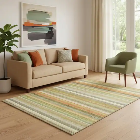 Fern Green Orange And Beige Striped Washable Area Rug With UV Protection Photo 1
