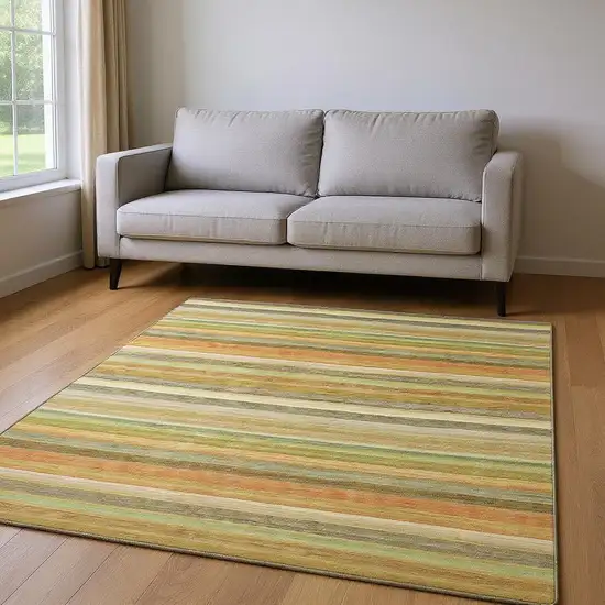 Fern Green Orange And Beige Striped Washable Area Rug With UV Protection Photo 2