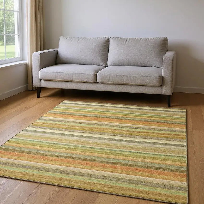 Fern Green Orange And Beige Striped Washable Area Rug With UV Protection Photo 2