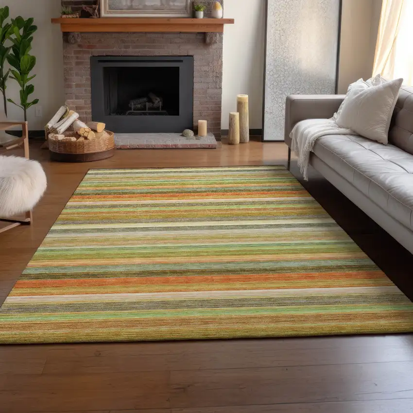 Fern Green Orange And Beige Striped Washable Area Rug With UV Protection Photo 6