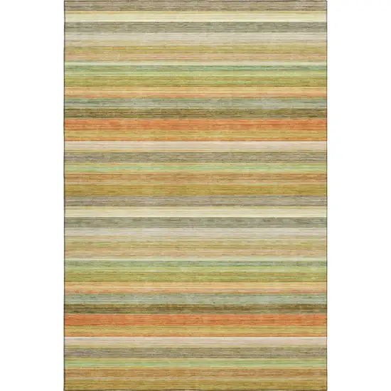 Fern Green Orange And Beige Striped Washable Area Rug With UV Protection Photo 1