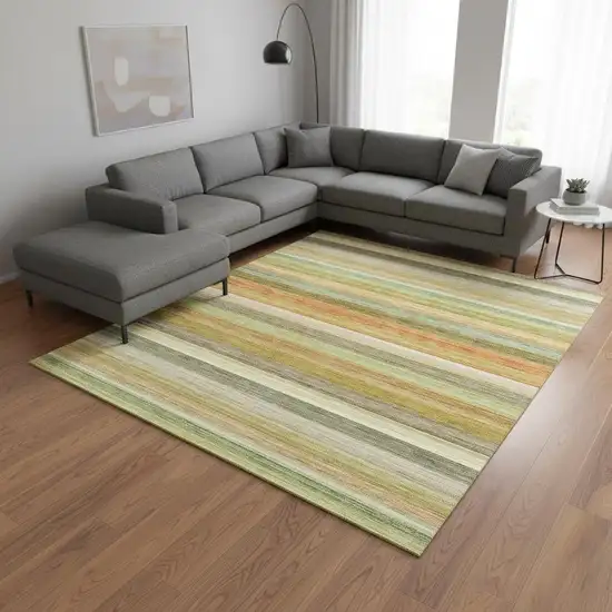 Fern Green Orange And Beige Striped Washable Area Rug With UV Protection Photo 2