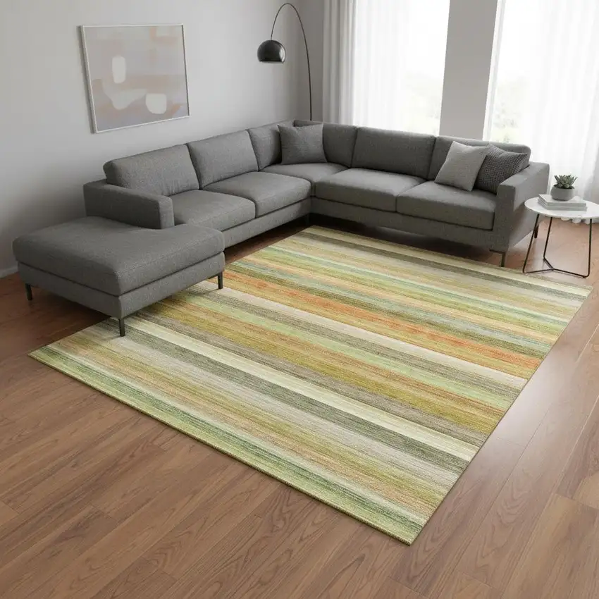 Fern Green Orange And Beige Striped Washable Area Rug With UV Protection Photo 2