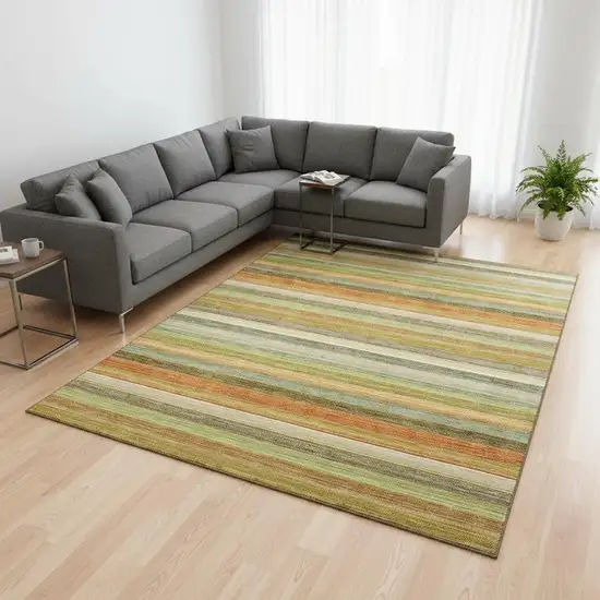 Fern Green Orange And Beige Striped Washable Area Rug With UV Protection Photo 2