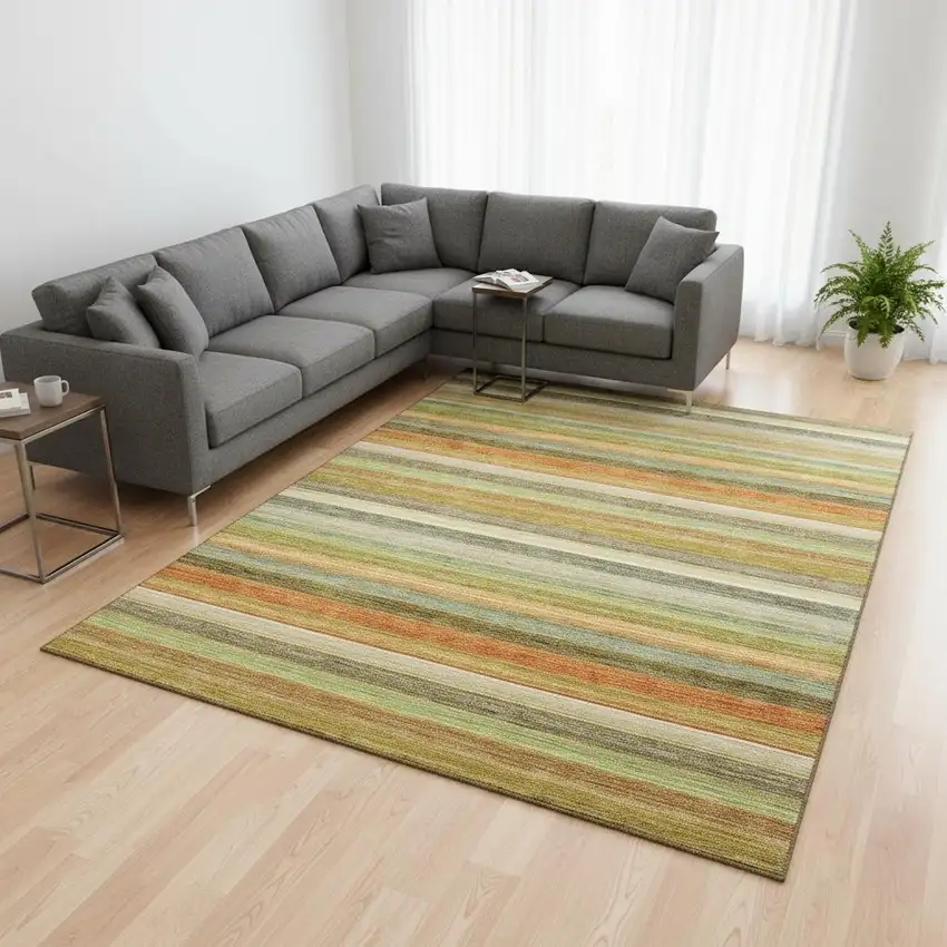 Fern Green Orange And Beige Striped Washable Area Rug With UV Protection Photo 2