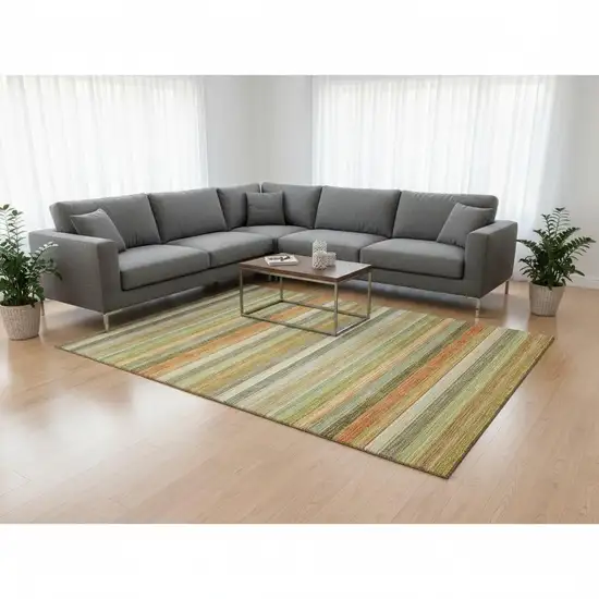 Fern Green Orange And Beige Striped Washable Area Rug With UV Protection Photo 2