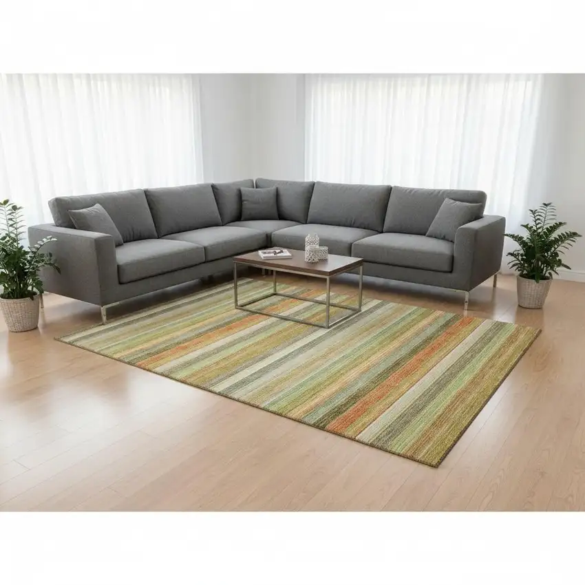 Fern Green Orange And Beige Striped Washable Area Rug With UV Protection Photo 2